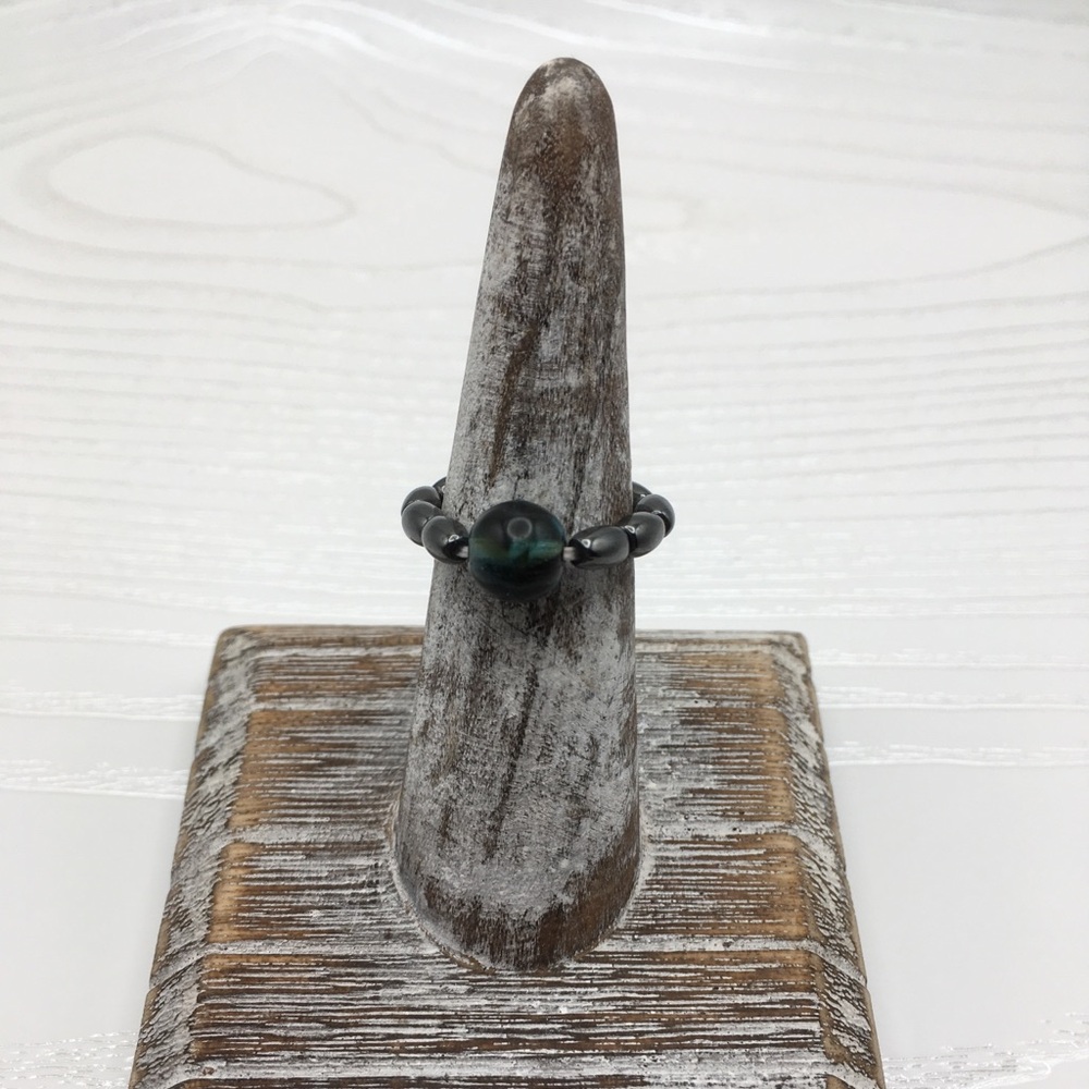 HANDCRAFTED Hematite w/glass tiger teal Stretch Bead Ring